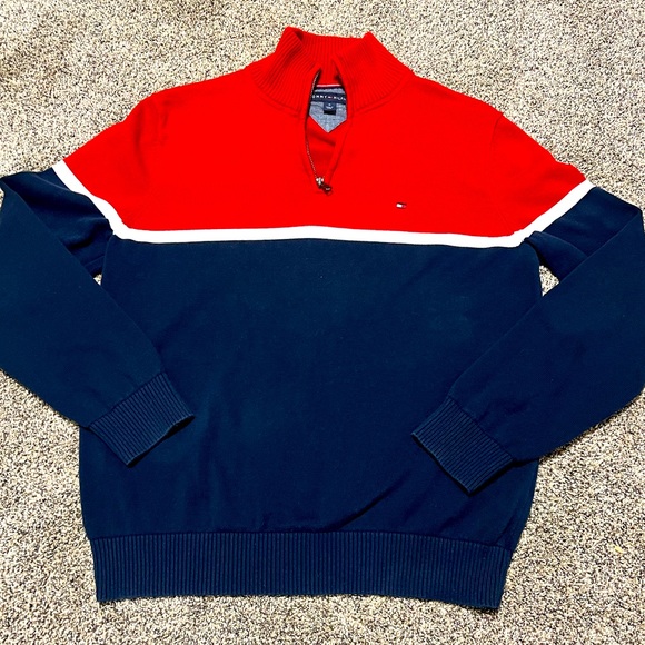 Vintage Tommy Hilfiger Sweater Mens Medium Red & Blue Striped 1/4 Zip Pullover - Picture 1 of 8